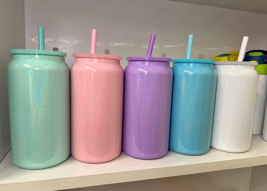 16 oz Glitter/ Shimmer Stainless Steel cups with matching straws